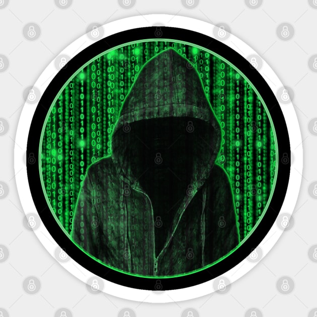 Hooded hacker in binary matrix rain Sticker by All About Nerds